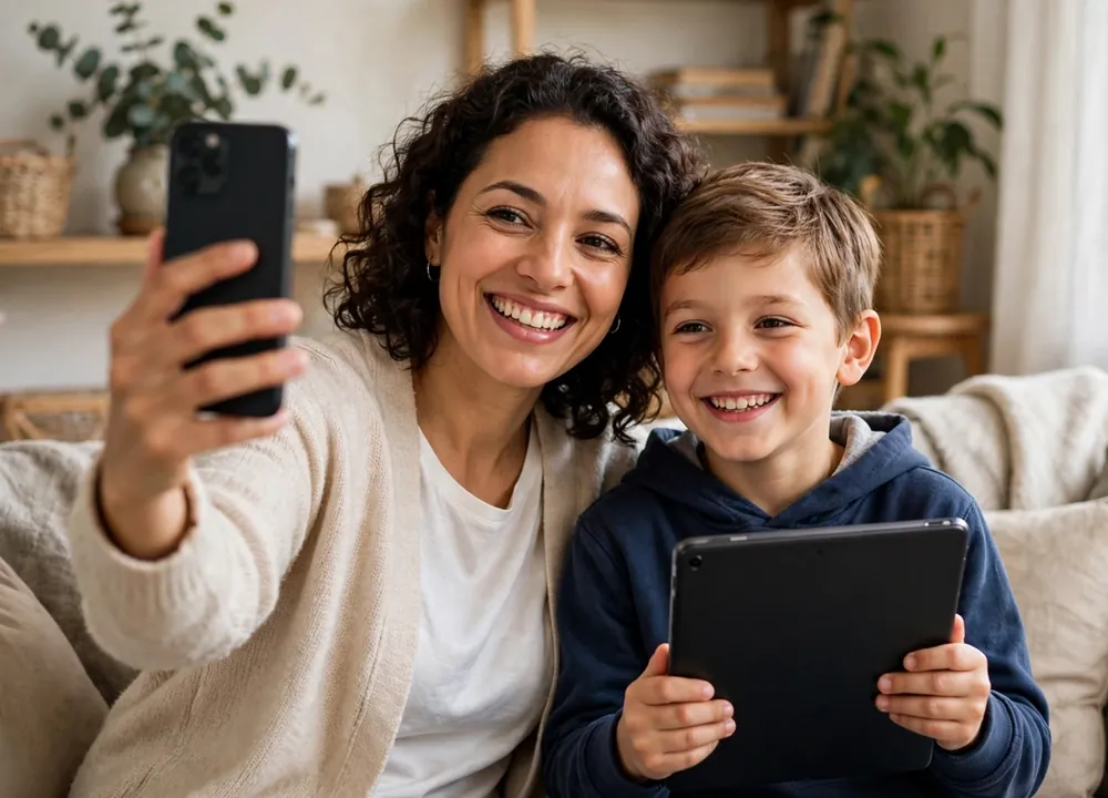 Smiling parent with a free phone and a child with a tablet at home