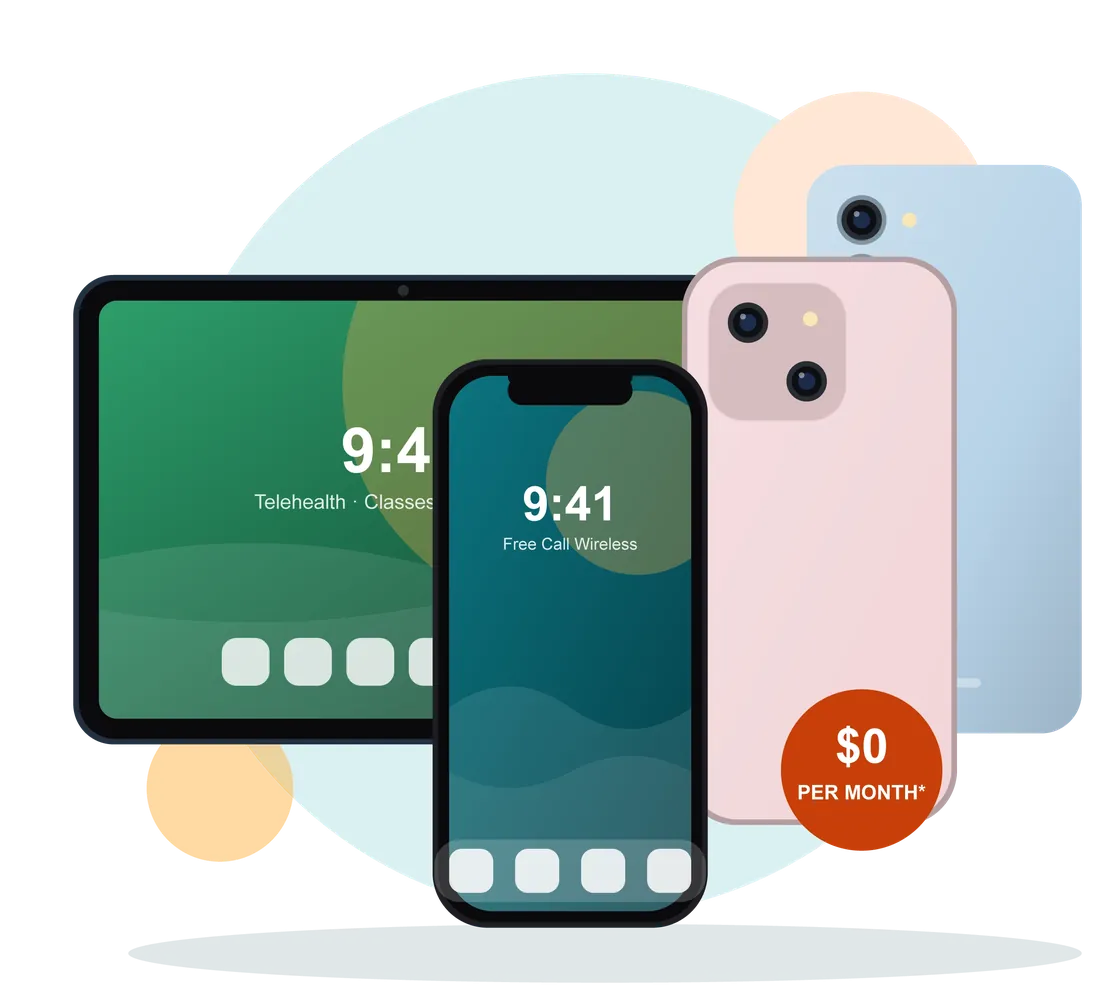 Free Government Phone devices from FreeCall Wireless: an iPhone, a Samsung Galaxy smartphone and a tablet with $0 monthly service