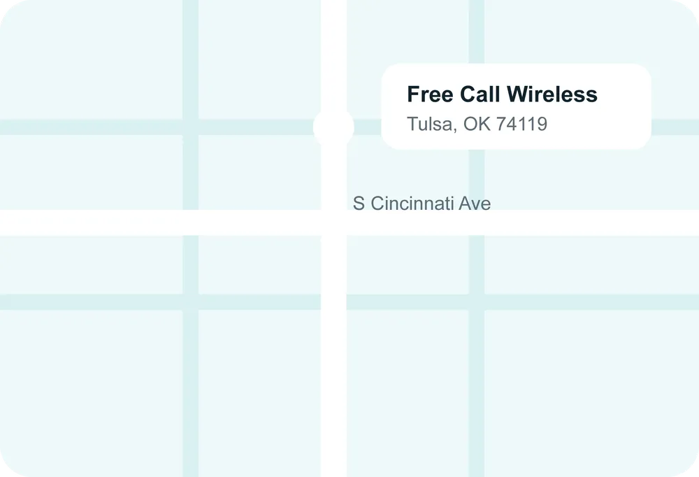 Map showing the FreeCall Wireless office at 825 S Cincinnati Ave in Tulsa, Oklahoma
