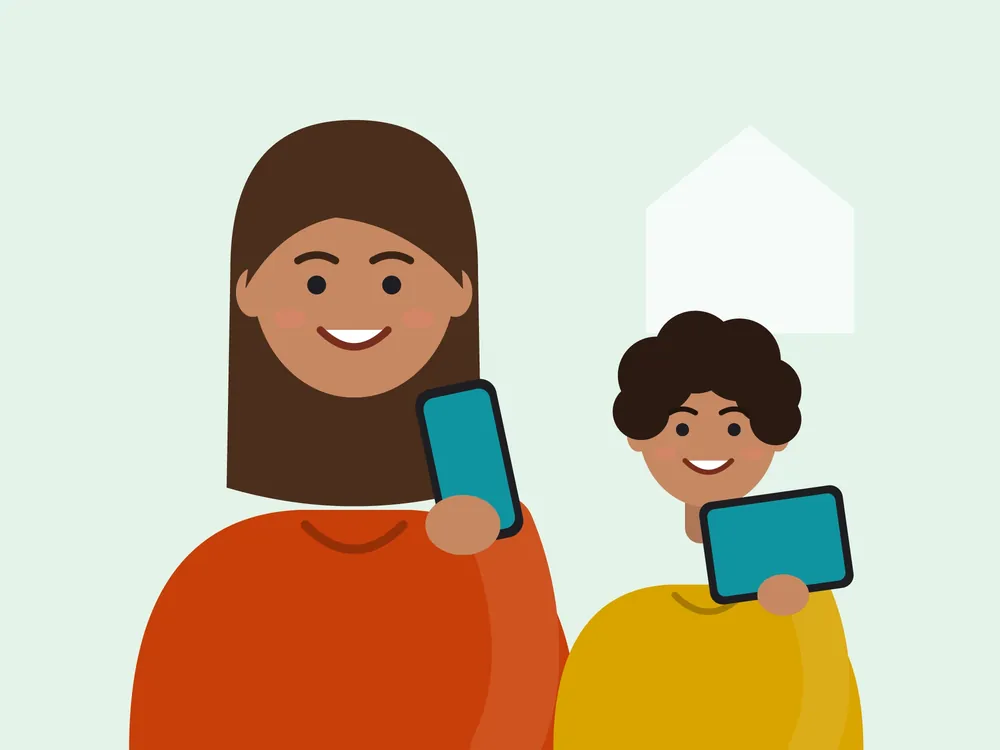 Parent and child with a free phone and tablet